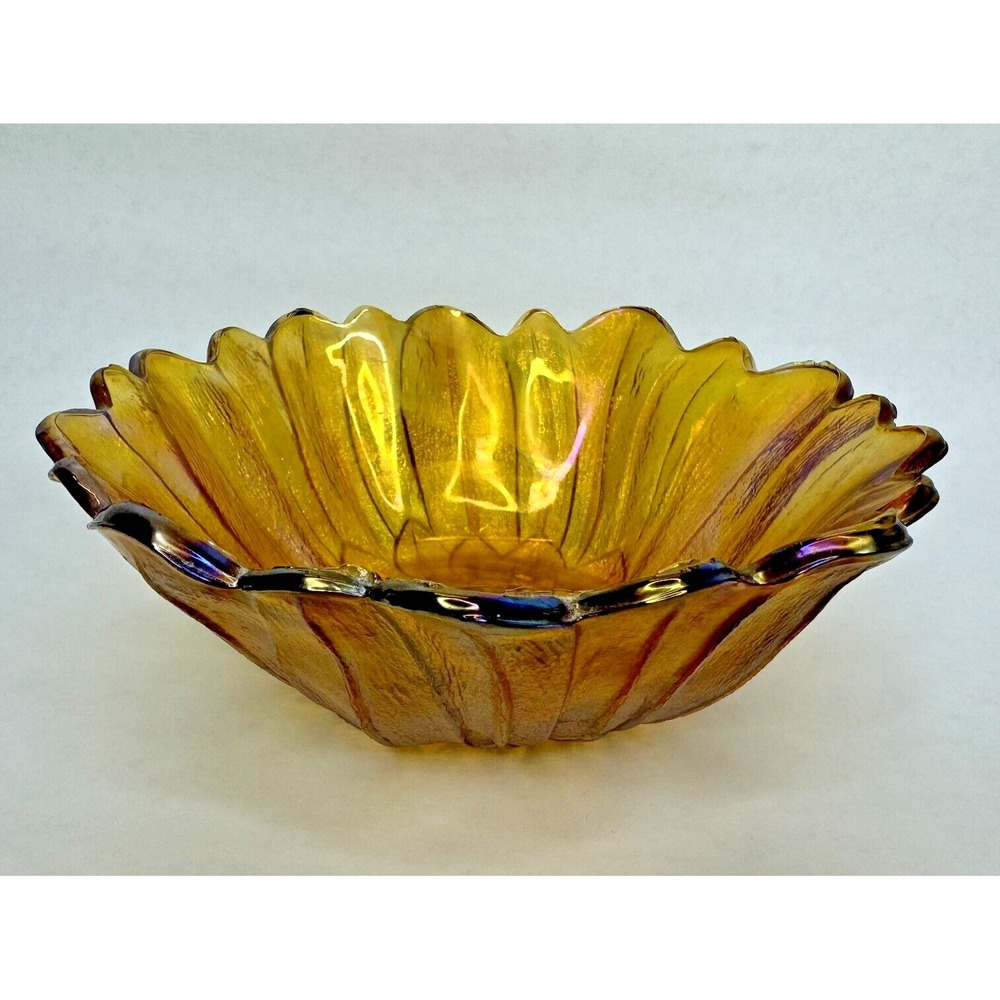 Vintage Carnival Glass Bowl Lily Pons Sunflower Marigold Iridescent 7" x 2.5"